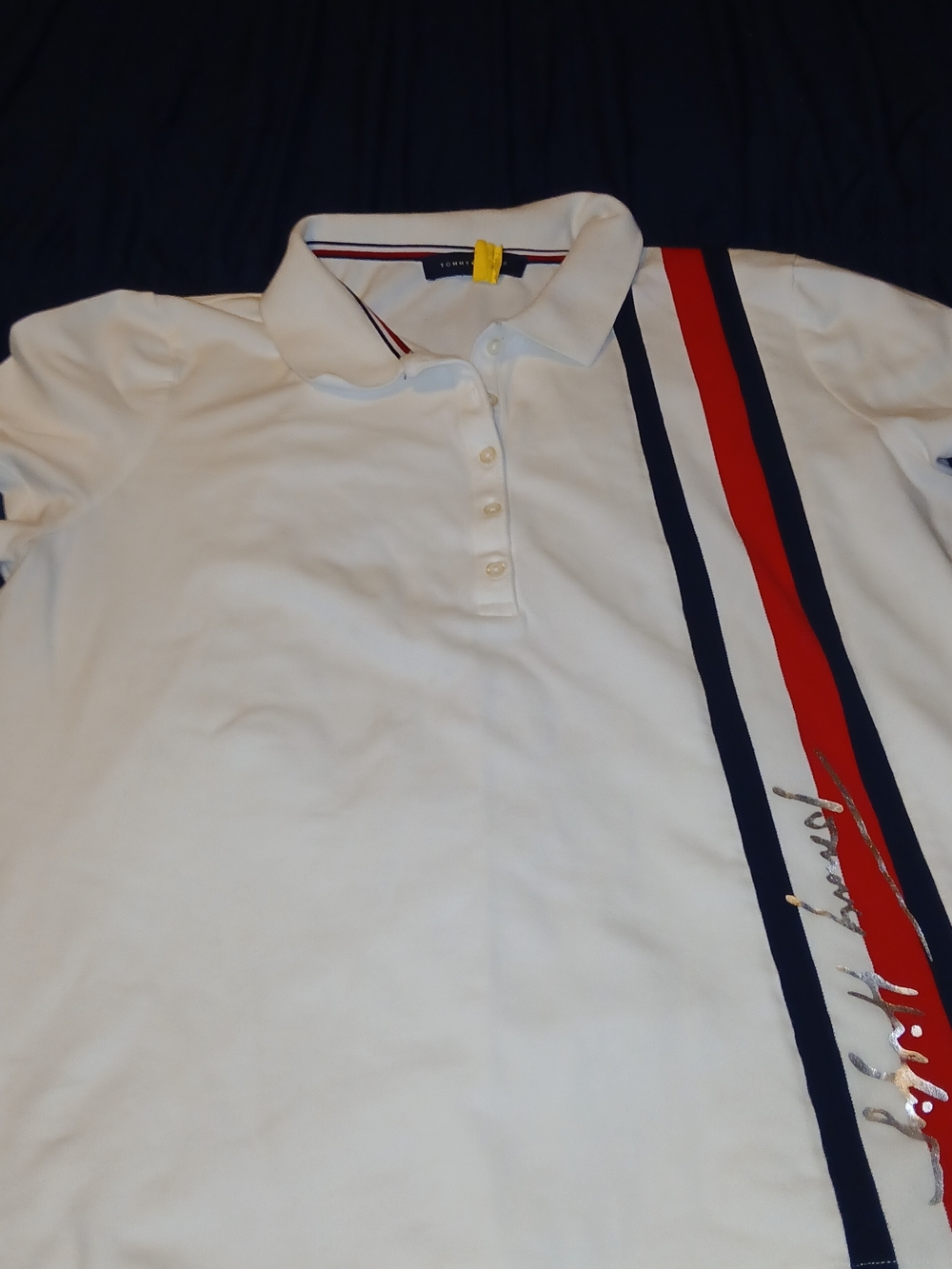 Tommy Hilfiger White Polo Shirt with Red & Navy Stripes